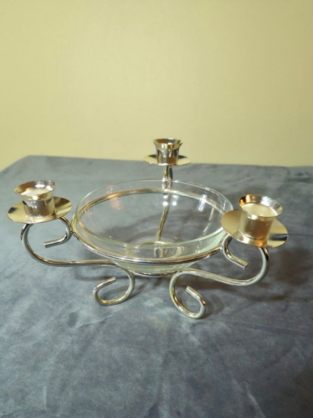 Silver Plated 3 Arm Candle Holder/Candelabra with Center Crystal Pedestal Bowl